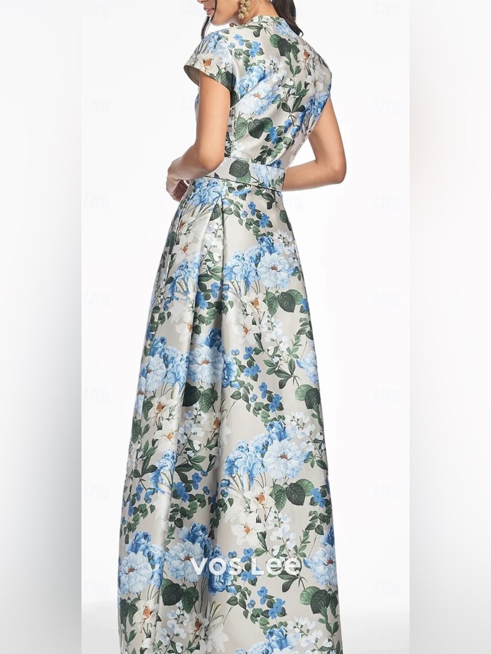 Blue Floral Satin Maxi Dress with Defined Waist